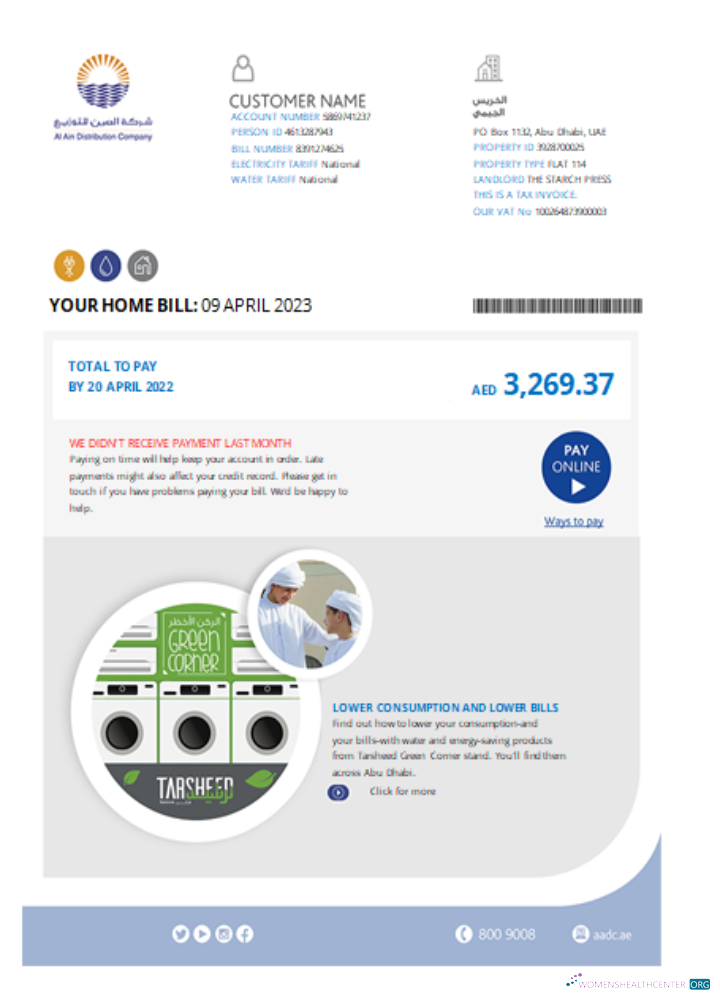 Download Al Ain Distribution Company utility business bill, page 1 SCR Photoshop template